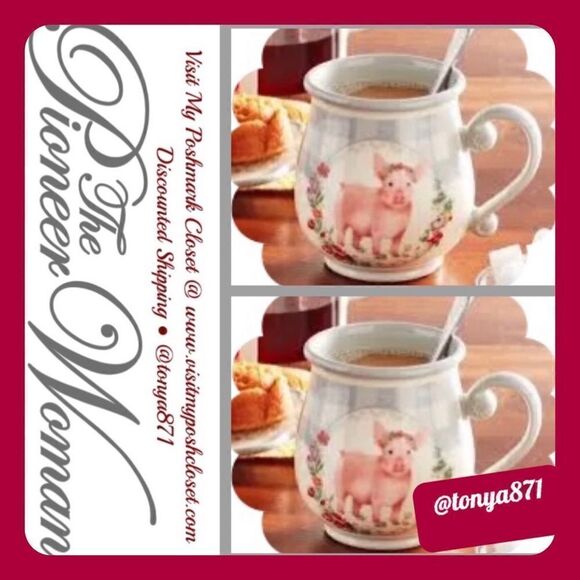 🦋 New Pioneer Woman Gray Gingham Pig Mugs - Set of 2 - Picture 1 of 6